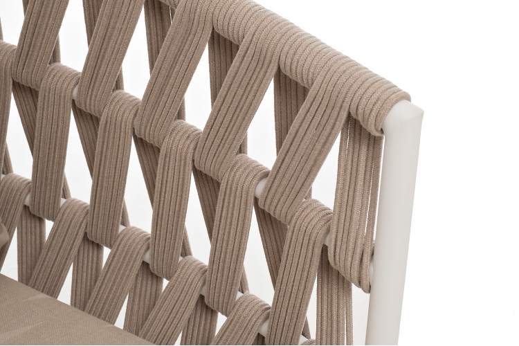 "Диего" диван 2-местный плетеный из роупа, каркас алюминий белый муар, роуп бежевый круглый, ткань бежевая 035-5