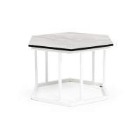 "Женева" интерьерный стол из HPL шестиугольный, D50, H35, цвет "мрамор пепел", каркас из стали белый муар