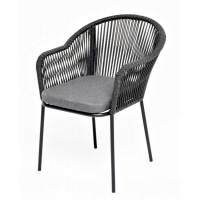 "Лион" стул плетеный из роупа, каркас из стали темно-серый (RAL7024) муар, роуп темно-серый круглый, ткань темно-серая 027