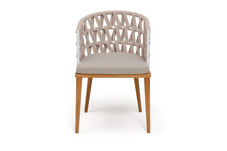 "Диего" стул плетеный из роупа, основание дуб каркас из стали белый муар, роуп бежевый круглый, ткань бежевая 052-1