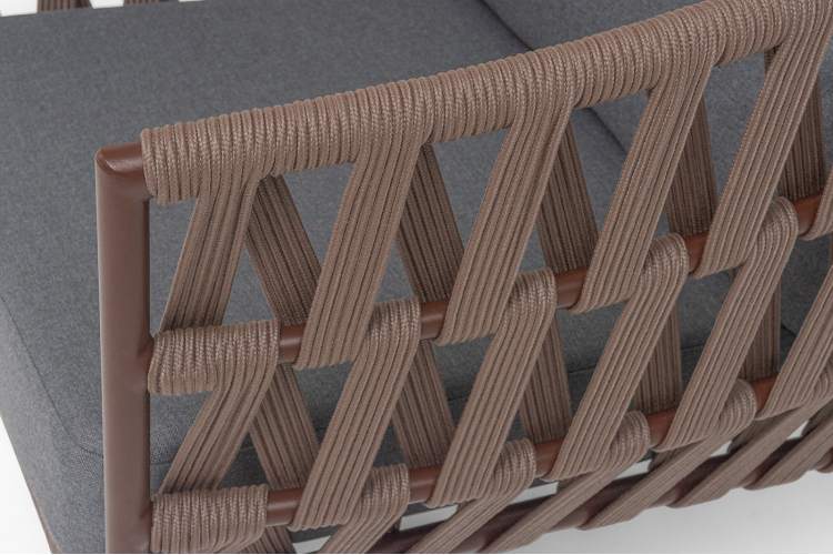 "Диего" кресло плетеное из роупа, каркас алюминий коричневый (RAL8016) муар, роуп коричневый круглый, ткань темно-серая 027-6