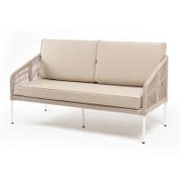 "Канны" диван 2-местный плетеный из роупа, каркас алюминий белый муар, роуп бежевый круглый, ткань бежевая 15052