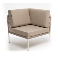 "Канны" угловой модуль плетеный из роупа, каркас алюминий белый муар, роуп бежевый круглый, ткань бежевая 15052