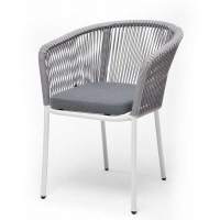 "Марсель" стул плетеный из роупа, каркас алюминий белый муар, роуп светло-серый круглый, ткань светло-серая