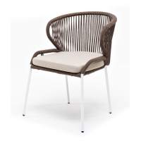 "Милан" стул плетеный из роупа, каркас алюминий белый муар, роуп коричневый круглый, ткань бежевая 052