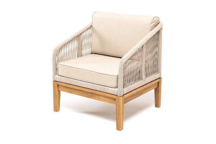 "Канны" кресло плетеное из роупа, основание дуб, роуп бежевый круглый, ткань бежевая 15052