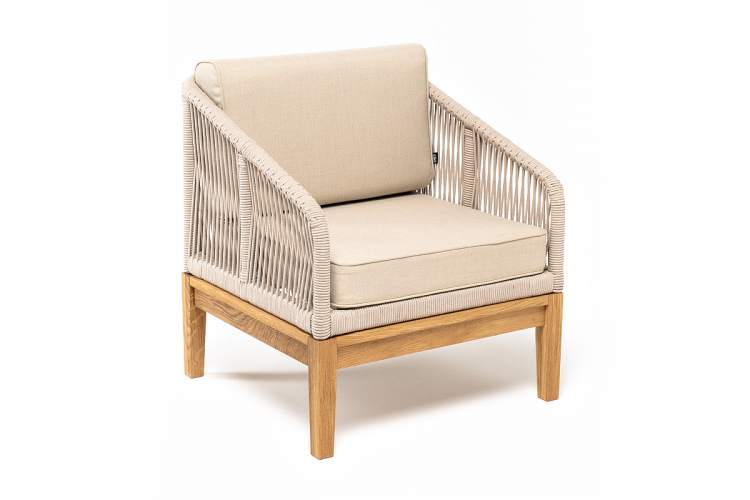 "Канны" кресло плетеное из роупа, основание дуб, роуп бежевый круглый, ткань бежевая 15052-2