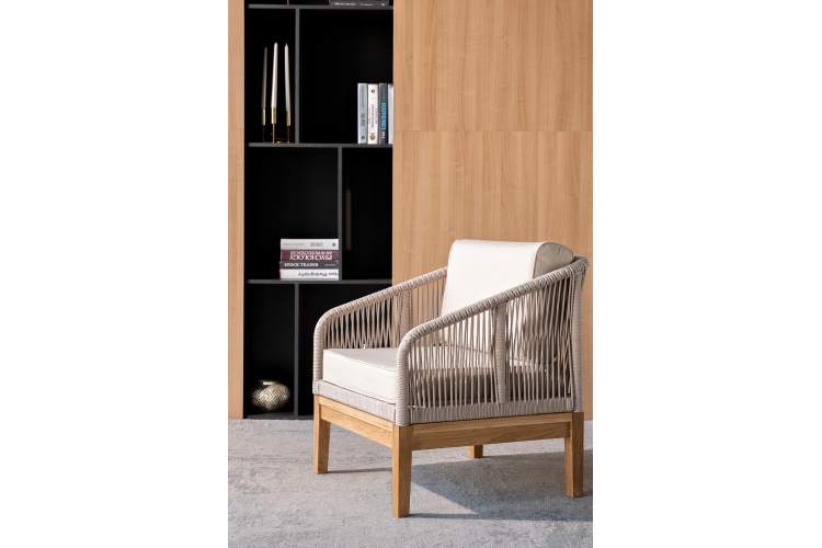 "Канны" кресло плетеное из роупа, основание дуб, роуп бежевый круглый, ткань бежевая 15052-10