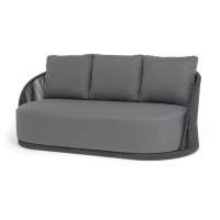 "Монтелла" диван 3-местный плетеный из роупа, каркас алюминий темно-серый (RAL7024) муар, роуп темно-серый круглый, ткань темно-серая 027