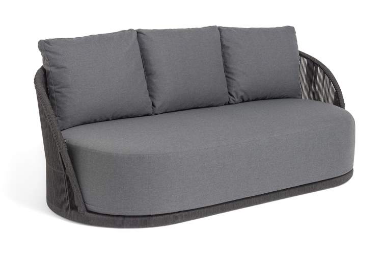 "Монтелла" диван 3-местный плетеный из роупа, каркас алюминий темно-серый (RAL7024) муар, роуп темно-серый круглый, ткань темно-серая 027-1