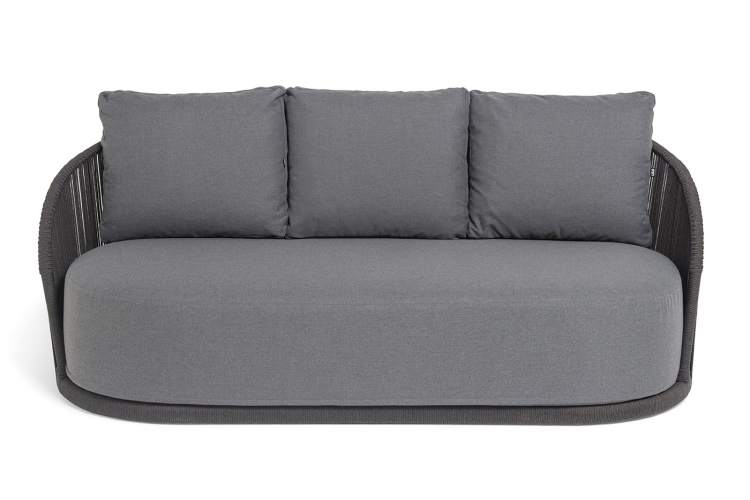 "Монтелла" диван 3-местный плетеный из роупа, каркас алюминий темно-серый (RAL7024) муар, роуп темно-серый круглый, ткань темно-серая 027-2