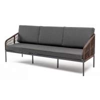 "Канны" диван 3-местный плетеный из роупа, каркас алюминий темно-серый (RAL7024) муар, роуп коричневый круглый, ткань темно-серая 027