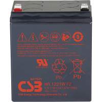 Battery CSB series HR, HR1221W F2, voltage 12V, capacity 21 W/C at 15 min. discharge to U fin. - 1.67 V/Cel at 25°C, (discharge 20 hours), max. discharge current (5 sec.) 90A, short circuit current 249A, max. charge current 2.1A, lead-acid type AGM, termi