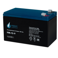 Батарея Парус Электро, стандартная серия HM-12-9, напряжение 12В, емкость 9Ач (разряд 20 часов), макс. ток разряда (5сек) 135А, макс. ток заряда 3.6А, свинцово-кислотная типа AGM, клеммы F2, ДхШхВ 151х65х94мм., полная высота с клеммами 100мм., вес 2.65кг.