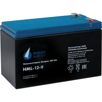 Батарея Парус Электро, профессиональная серия HML-12-9, напряжение 12В, емкость 9Ач (разряд 20 часов), макс. ток разряда (5сек) 135А, макс. ток заряда 3.6А, свинцово-кислотная типа AGM, клеммы F2, ДхШхВ 151х65х94мм., полная высота с клеммами 101мм., вес 2