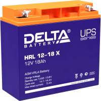 Battery DELTA series HRL-X, HRL 12-18 X, voltage 12V, capacity 18Ah (discharge 10 hours), max. discharge current (5 sec.) 230A, max. charge current 5.4A, lead-acid type AGM, terminals for nut and bolt M6, LxWxH 181x77x167mm., weight 6.2kg., service life 1