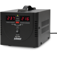 Стабилизатор POWERMAN AVS 1000D, черный, ступенчатый регулятор, цифровые индикаторы уровней напряжения, 1000ВА, 140-260В, максимальный входной ток 7А, 2 евророзетки, IP-20, напольный,  200мм х 150мм х 140мм, 2,3 кг./ Stabilizer POWERMAN AVS 1000D, black, 