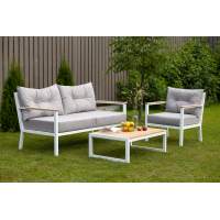 Набор садовой мебели SANTORINI / 3 предмета: диван, кресло, столик / белый алюминиевый каркас, серый текстиль, лиственница