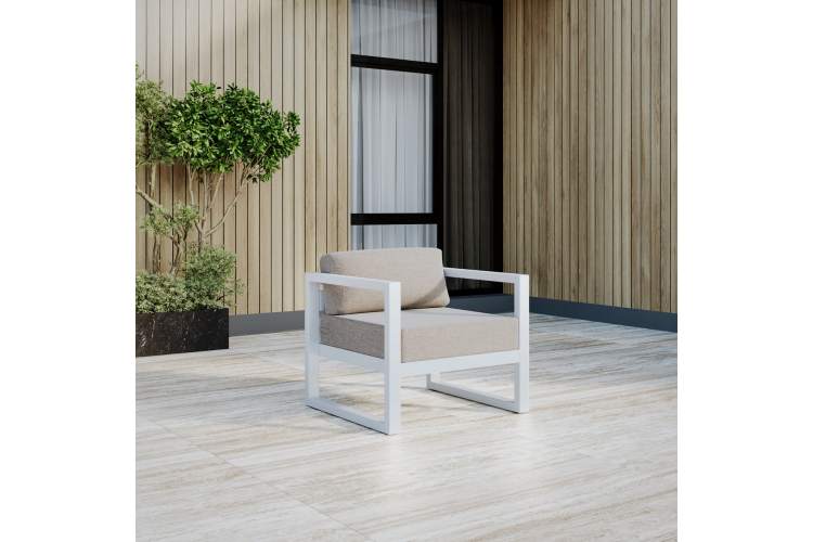 Набор садовой мебели CAPRI / 4 предмета: диван, 2 кресла, столик / белый алюминиевый каркас, серо-коричневый текстиль-1