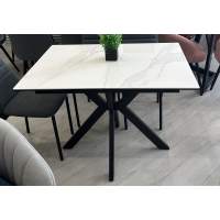 Стол КОМИЛЬФО МИНИ 100 БЕЛЫЙ МРАМОР с прожилками латте, керамика / ЧЕРНЫЙ, М-City