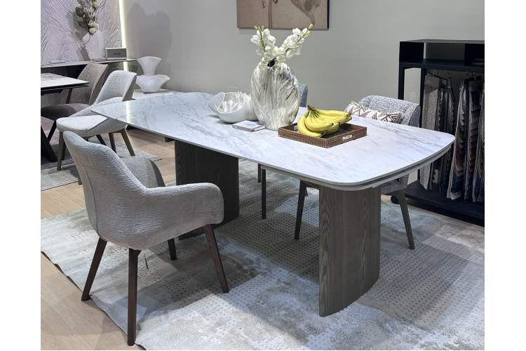 Стол CALVIN 180 SEMI-POLISHED SNOW CARRARA SOLID CERAMIC / Серый дуб, ®DISAUR