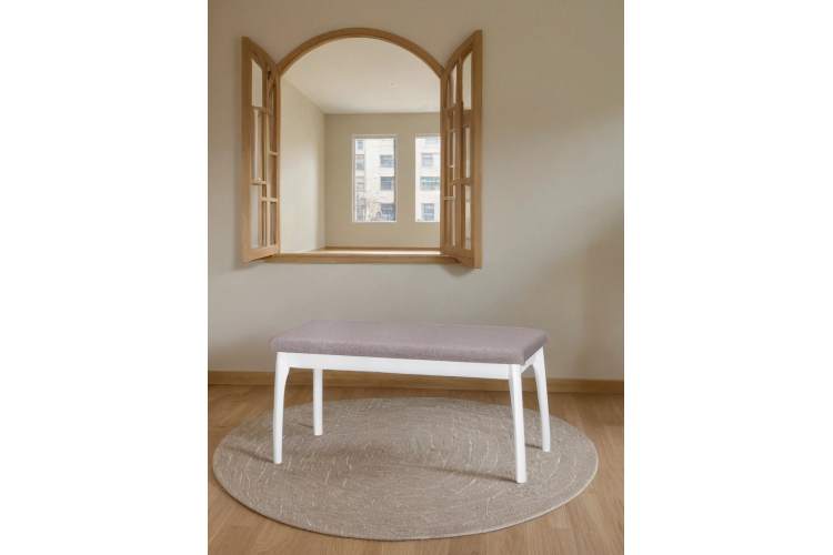 Скамья для прихожей мягкая, ткань серо-розовый, каркас снег-2