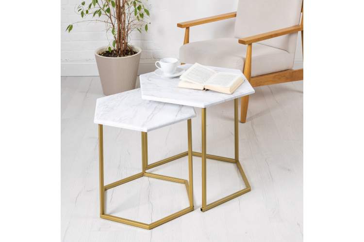 Стол журнальный МеталлАрт М003 белый мрамор/золото-6