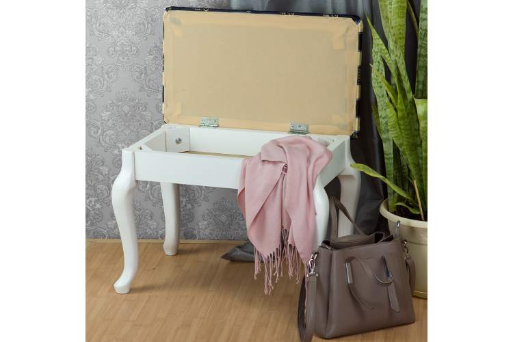 Банкетка Ретро с ящиком белый, ткань полоса синий-11