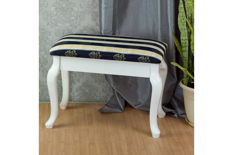 Банкетка Ретро с ящиком белый, ткань полоса синий-12