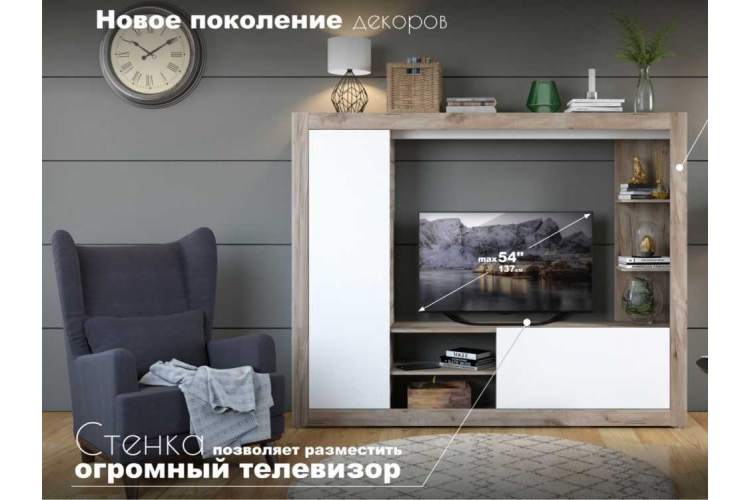 Стенка «Рона», Дуб Крафт серый/белый-3