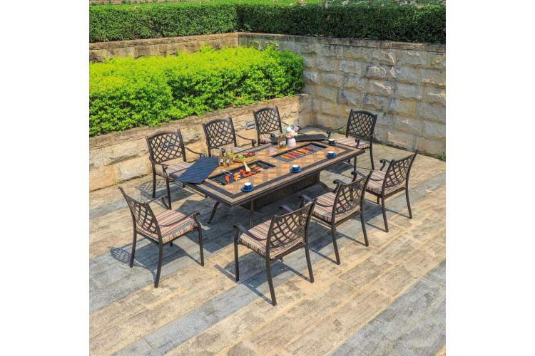 Комплект мебели из литого алюминия стол прямоугольный Барбекю-5 230*120*74 + 8 кресел Стиль bronze арт.6346/6169-6