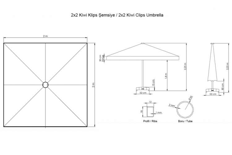Зонт пляжный профессиональный 2х2 м Kiwi Clips THEUMBRELA SEMSIYE EVI бежевый-1