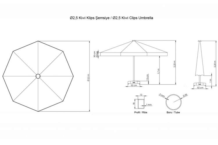 Зонт пляжный профессиональный Ø2.5 м Kiwi Clips THEUMBRELA SEMSIYE EVI белый, бежевый-1