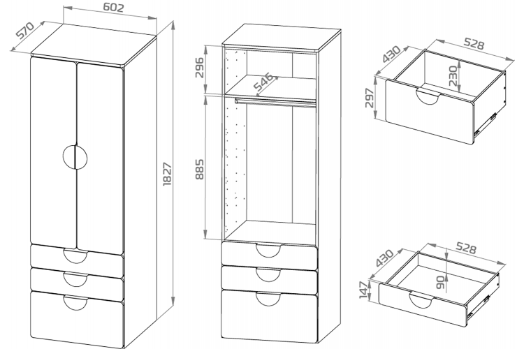 Шкаф распашной СТУВА / ПИКСИ с 2 дверьми, 3 ящиками и полкой 60x57x183, робкий подснежник-2