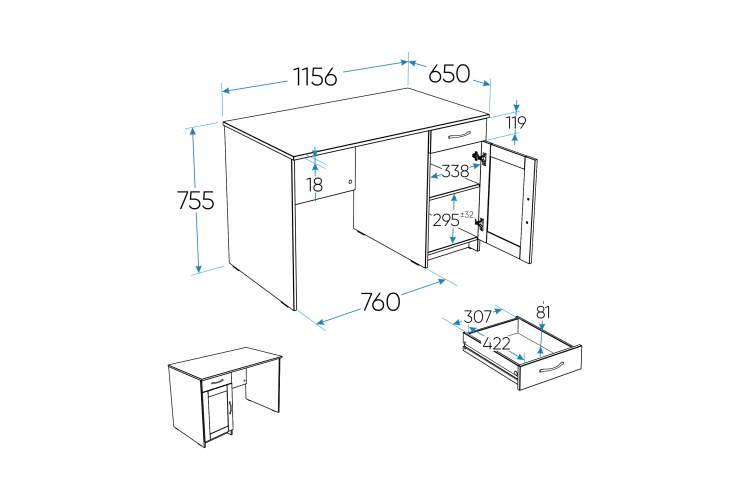 Стол КАСТОР письменный с одной тумбой и одним ящиком, цвет белый-2