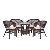 Комплект "PELANGI" 02/15 ( стол со стеклом + 4 кресла ) [с подушками] ротанг, кресло 65х65х77см, стол диаметр 64х61см, walnut (грецкий орех)