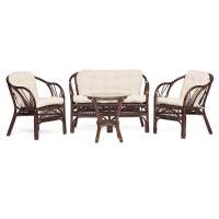 КОМПЛЕКТ " NEW BOGOTA " ( диван + 2 кресла + стол со стеклом ) /с подушками/ ротанг, кр:61х67х78,5см, дв:108х66х78,5см, ст:D60х56,5см, walnut (грецкий орех)