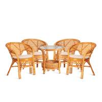 Комплект "PELANGI" 02/15 ( стол со стеклом + 4 кресла ) [с подушками] ротанг, кресло 65х65х77см, стол диаметр 64х61см, Honey (мед)