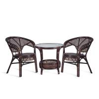 ТЕРРАСНЫЙ КОМПЛЕКТ "PELANGI" (стол со стеклом + 2 кресла) /без подушек/ ротанг, кресло 65х65х77см, стол диаметр 64х61см, walnut (грецкий орех)