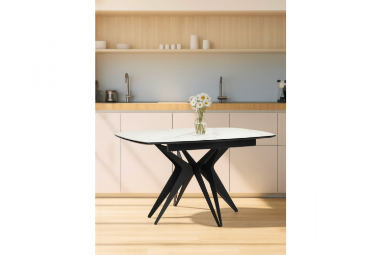 Керамический стол Риполь 160(205)х89 белый мрамор snow white / черный-1