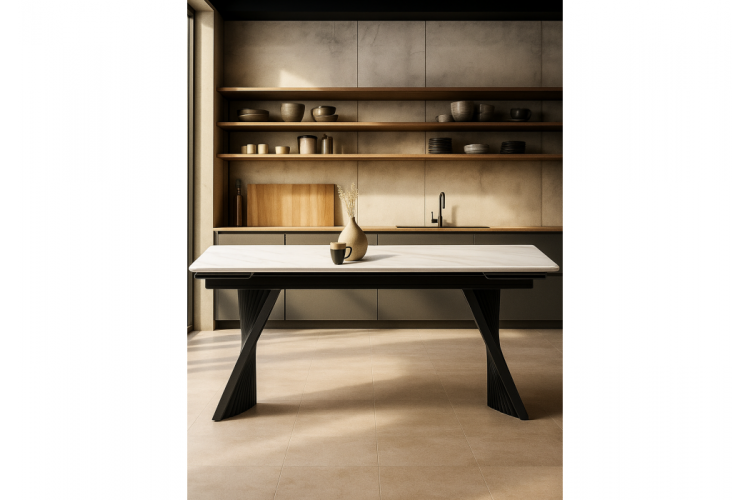 Керамический стол Вейв 160(220)х89х75 белый мрамор snow white / черный-2