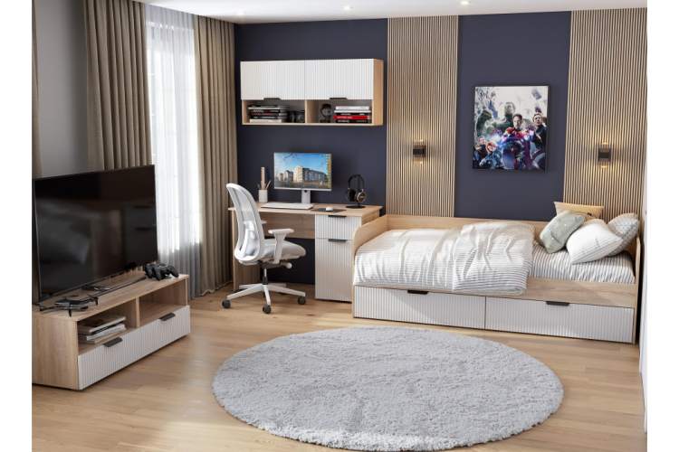 Кровать Стокгольм КРД03-90 90х200 дуб сонома / line софт пломбир-1