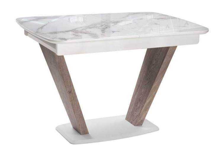 Стол стеклянный на тумбе Петир белая шагрень / дуб с пилением