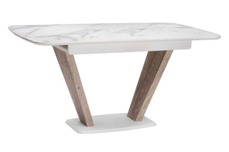 Стол стеклянный на тумбе Петир белая шагрень / дуб с пилением-1