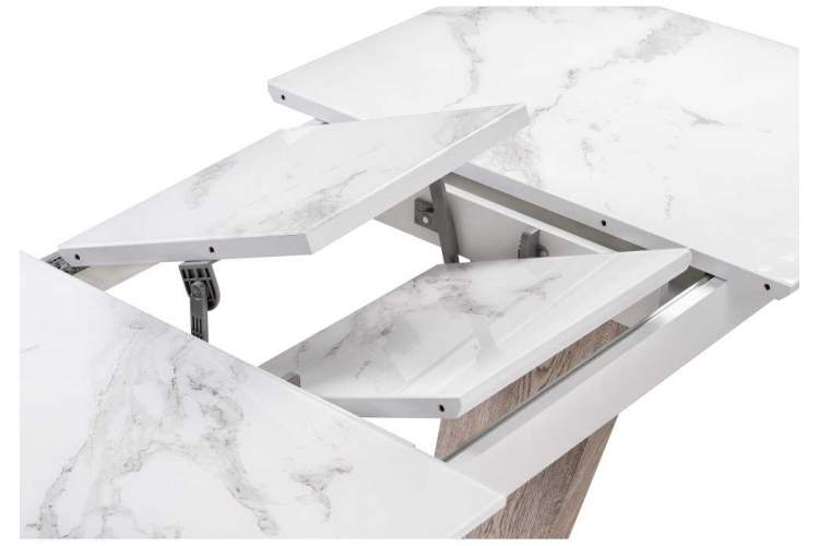 Стол стеклянный на тумбе Петир белая шагрень / дуб с пилением-8