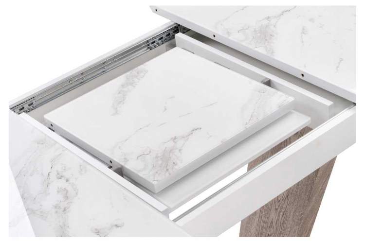 Стол стеклянный на тумбе Петир белая шагрень / дуб с пилением-9