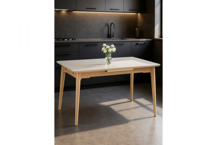 Керамический стол Halmar 140(180)x80 белый спеченный камень / светлое дерево-1