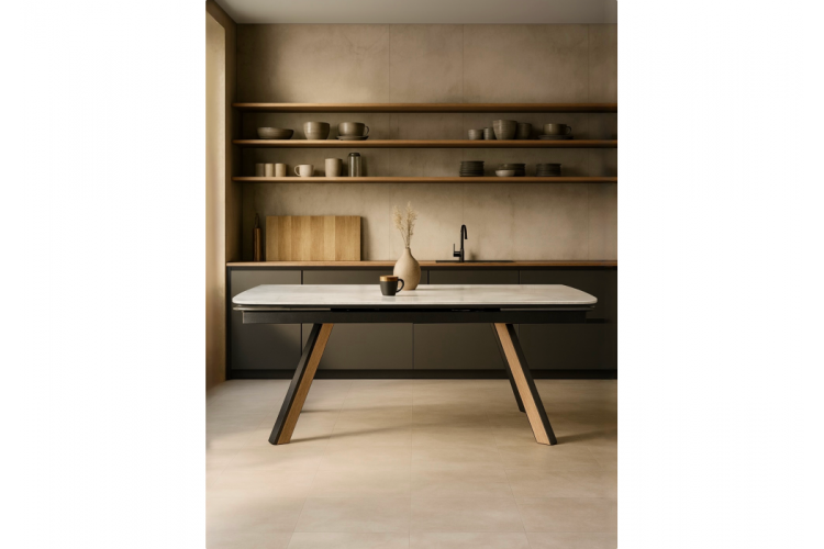 Керамический стол Симмонс 180(260)x90 statuario titan gloss / черный / орех дуб монтана-1