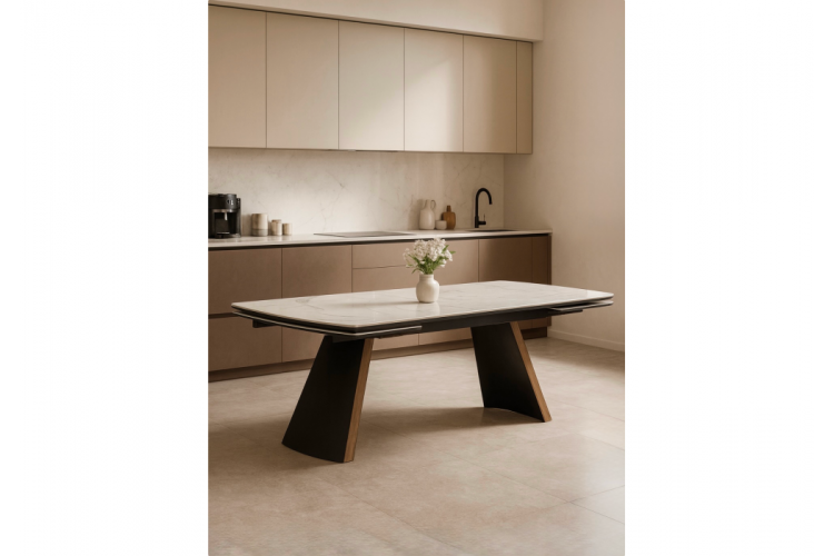 Керамический стол Симмонс 180(260)x90 statuario titan gloss / черный / орех дуб монтана-2