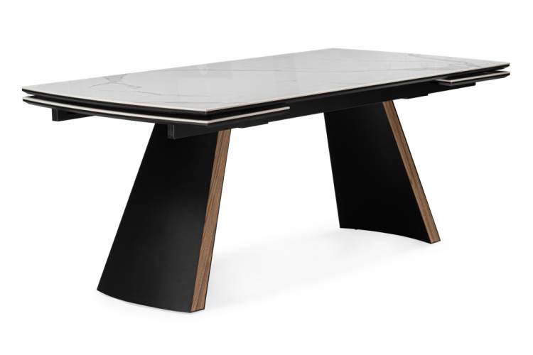 Керамический стол Симмонс 180(260)x90 statuario titan gloss / черный / орех дуб монтана